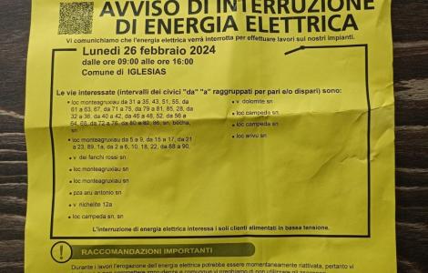 Avviso interruzione energia elettrica Iglesias 26 febbraio 2024